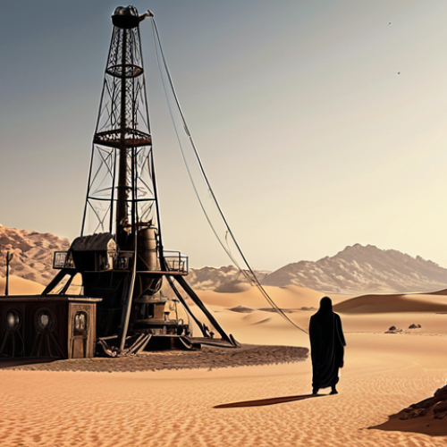 **

A stylized illustration depicting the discovery of oil in Saudi Arabia in 1938. Show a desert landscape with a vintage oil rig in the foreground. In the background, contrast the traditional nomadic life with the promise of a modern, developing nation. Consider adding a subtle glow to represent the "black diamond" being unearthed.

**
