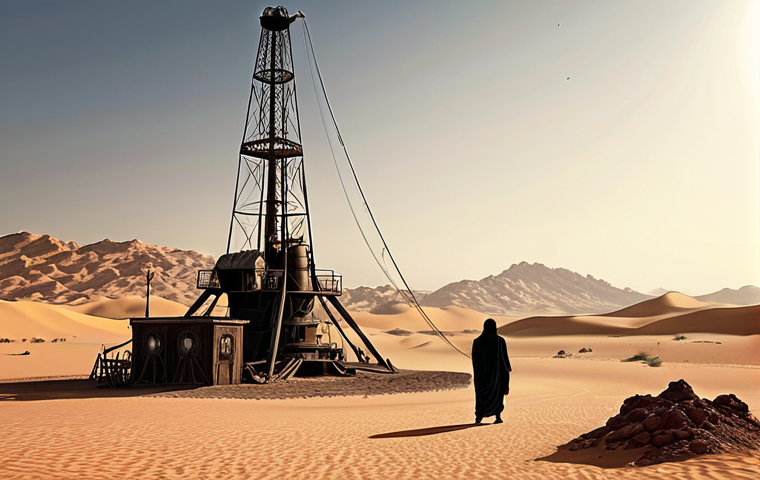 **

A stylized illustration depicting the discovery of oil in Saudi Arabia in 1938. Show a desert landscape with a vintage oil rig in the foreground. In the background, contrast the traditional nomadic life with the promise of a modern, developing nation. Consider adding a subtle glow to represent the "black diamond" being unearthed.

**