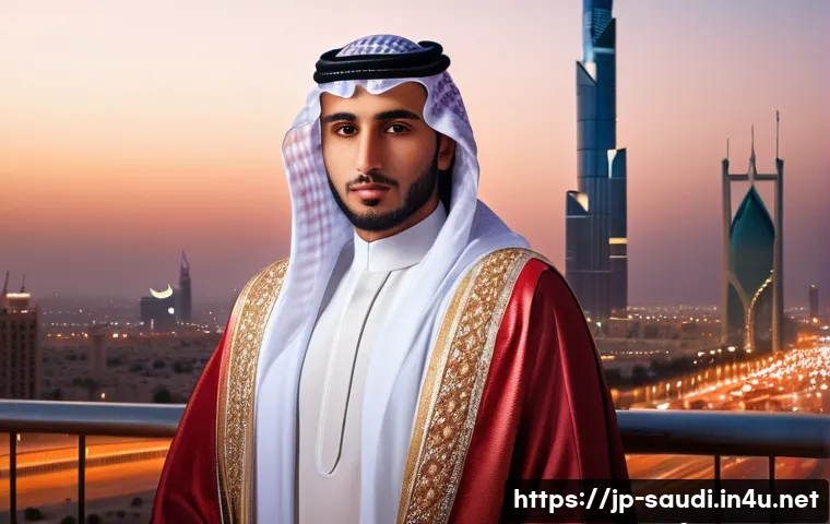 사우디아라비아 왕실 가족 인물 탐구 - A detailed portrait of a young Saudi Arabian prince dressed in elegant traditional attire, featuring...