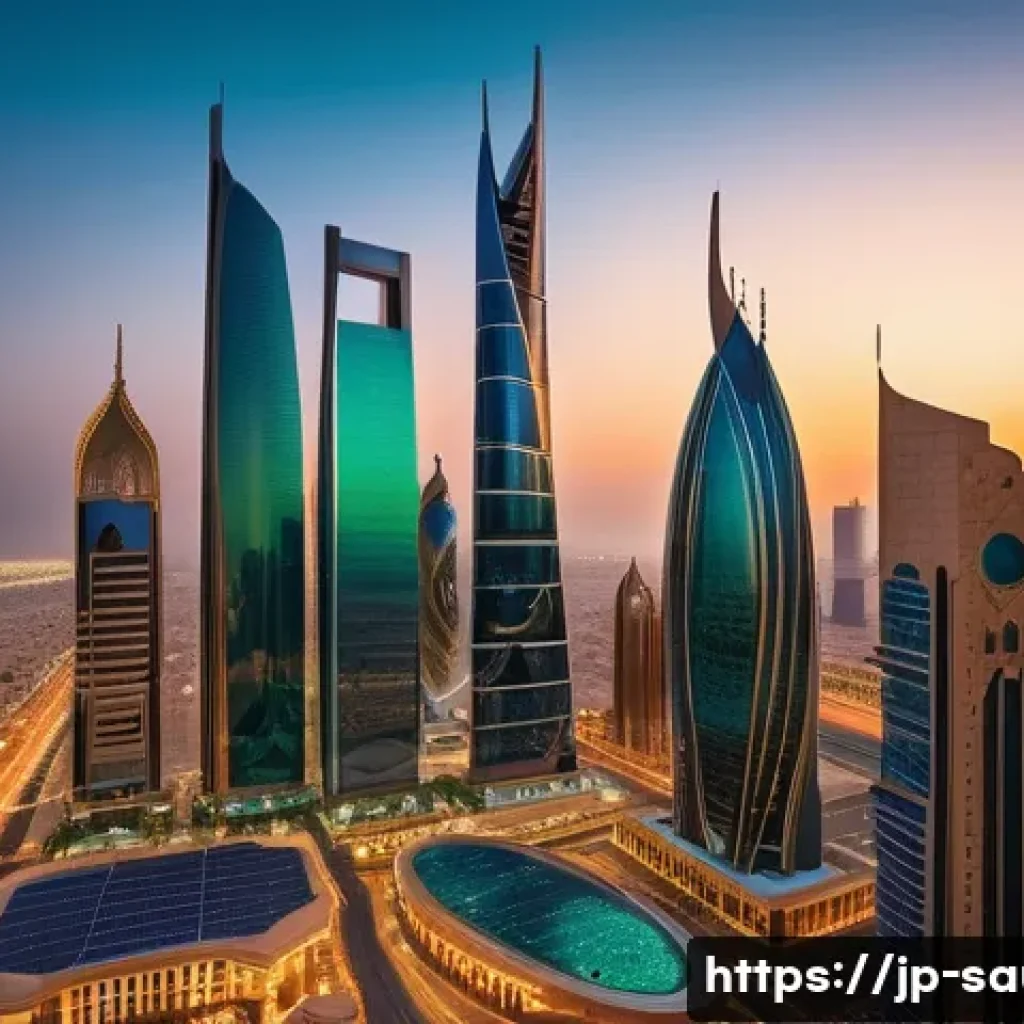 사우디아라비아 경제  석유 산업 비전 2030 - A vibrant modern Saudi Arabian cityscape at sunset, showcasing a blend of traditional Arabian archit...