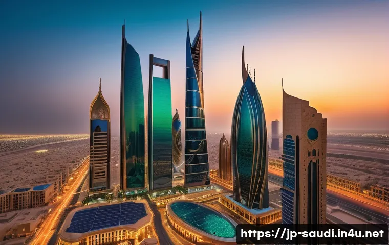 사우디아라비아 경제  석유 산업 비전 2030 - A vibrant modern Saudi Arabian cityscape at sunset, showcasing a blend of traditional Arabian archit...