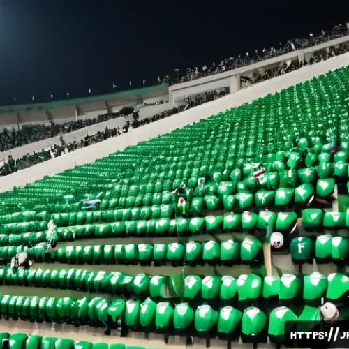 사우디아라비아 축구리그  사우디 프로 리그 - A dynamic scene of a Saudi Arabian football stadium filled with enthusiastic fans waving flags and w...