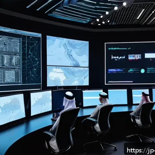 사우디아라비아의 인터넷 검열 - A modern digital control room in Saudi Arabia, filled with large screens displaying real-time intern...