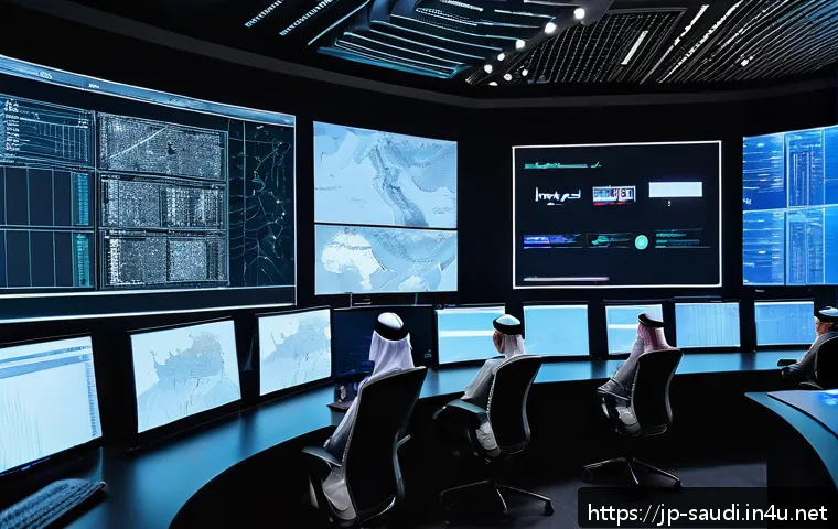 사우디아라비아의 인터넷 검열 - A modern digital control room in Saudi Arabia, filled with large screens displaying real-time intern...