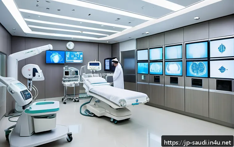 사우디아라비아의 의료 관광  병원 치료비용 - A modern Saudi Arabian hospital interior showcasing advanced medical technology, including a state-o...