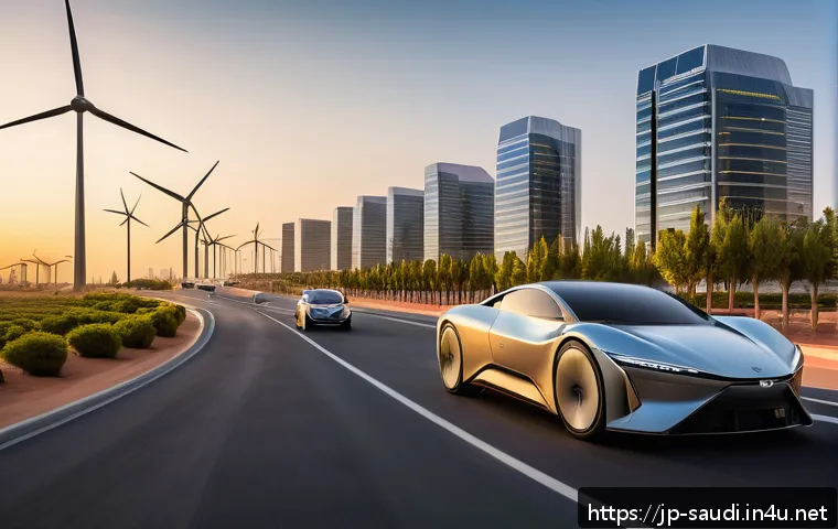 사우디아라비아의 신도시 개발 프로젝트 - A futuristic sustainable cityscape in Saudi Arabia at sunset, featuring sleek solar panels integrate...
