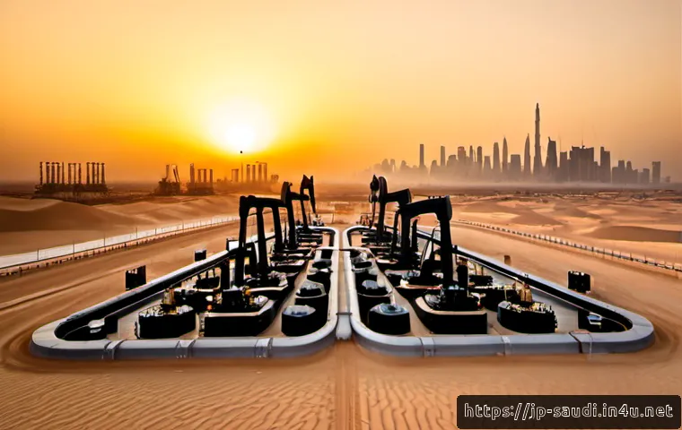 석유 산업이 사우디아라비아에 미친 영향 - Photorealistic wide view of a modern Saudi Arabian desert oil field at sunrise, polished pumpjacks a...