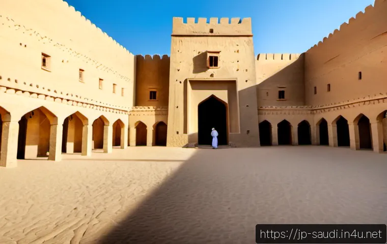 리야드의 역사적 유적지 탐방 - Photorealistic wide-angle view of Masmak Fortress in Riyadh at golden hour, imposing sand-colored mu...