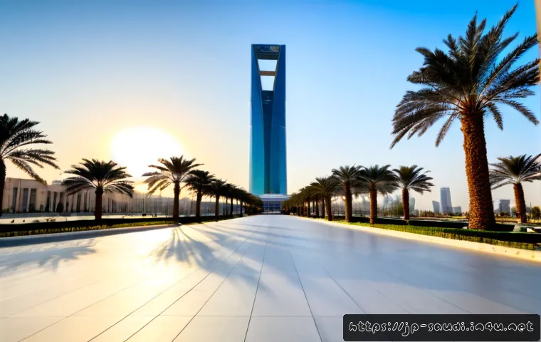 리야드 관광명소  킹덤 센터 타워 알마스막 요새 - Photorealistic Riyadh city landmark view at golden hour, the Kingdom Centre Tower rising elegantly a...