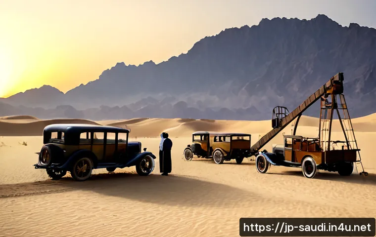 사우디아라비아의 석유산업 역사 - Photorealistic historical scene of Saudi Arabia’s early oil industry, 1930s desert exploration camp ...