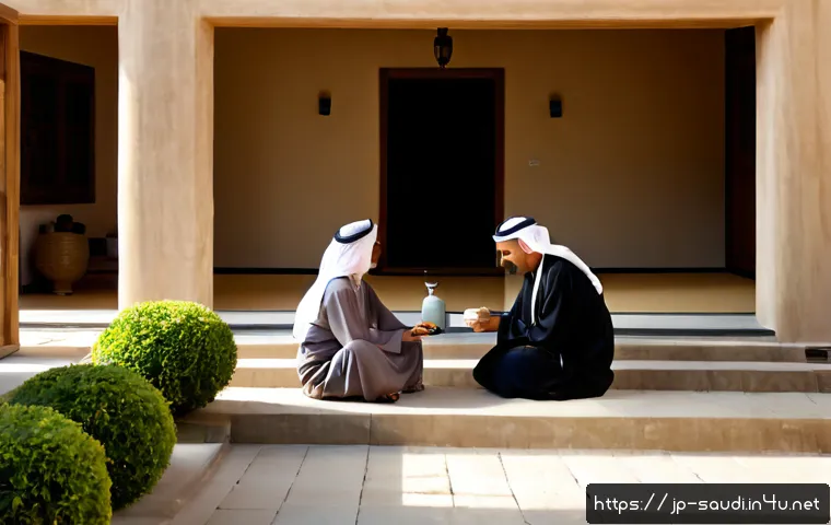 사우디아라비아 민족성과 사회구조 - Photorealistic documentary-style scene of a multigenerational Saudi family gathered in a bright trad...