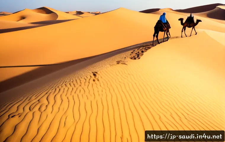 사우디아라비아의 사막 투어  루브 알칼리 낙타 사파리 - Photorealistic wide-angle view of a Rub’ al Khali camel safari in Saudi Arabia, a small caravan of c...